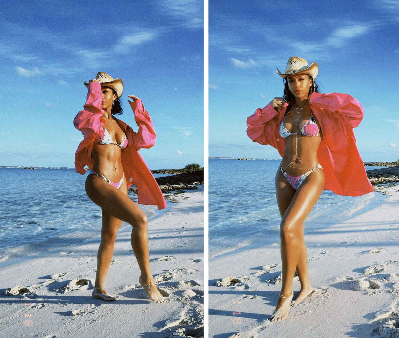 Cũng trong tháng 1, Lori Harvey ăn mừng sinh nhật tuổi 25 bằng chuyến đi đến đảo Bahamas với bạn trai Michael B.Jordan (hiện đã chia tay). Cô mặc bikini màu sắc phối cùng áo sơ mi hồng và mũ cao bồi khoe thân hình trên bãi biển. Ảnh: IG.