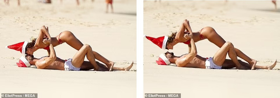 Nàng WAGs và chàng thủ môn còn trao nhau nụ hôn ngọt ngào trong lúc tập luyện. Ảnh: Mega.