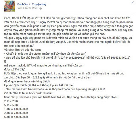 Theo kẻ gian, tài khoản sẽ nhận được gấp 10 lần số tiền nạp vào, với 20.000 đồng sẽ được 200.000 đồng ... 