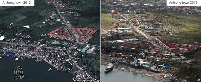 Thị trấn Anibong nằm gần thành phố Tacloban biến dạng hoàn toàn sau khi siêu bão Haiyan đổ bộ.