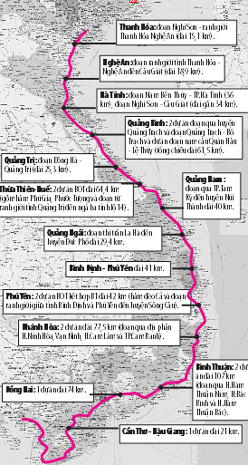 Các dự án BOT từ Hà Nội - Cần Thơ (Theo báo cáo của Bộ GTVT)