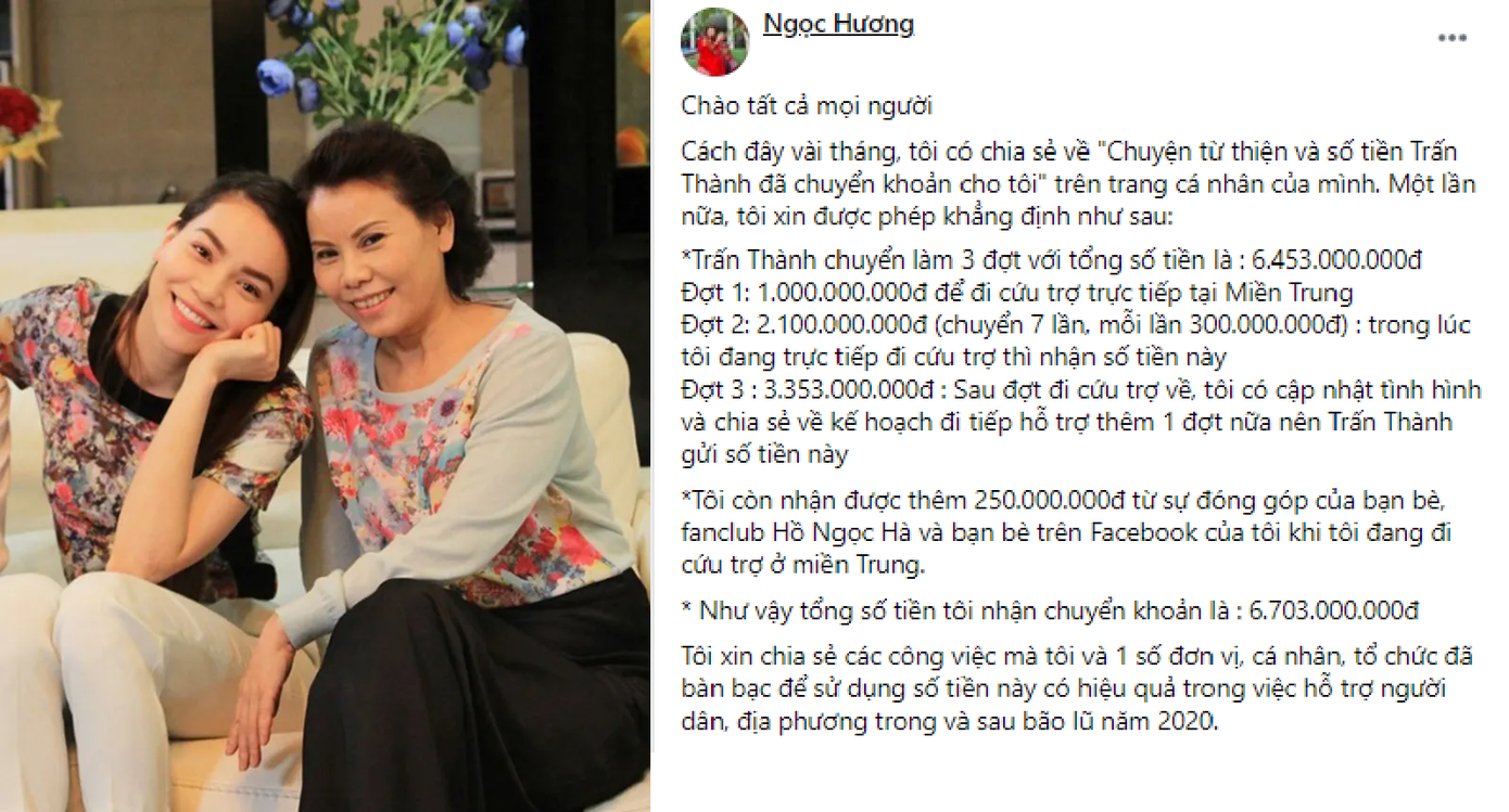Mẹ Hồ Ngọc Hà lên tiếng đính chính về khoản tiền từ thiện nhận được từ Trấn Thành và Mạnh thường quân. Mẹ Hồ Ngọc Hà lên tiếng đính chính về khoản tiền từ thiện nhận được từ Trấn Thành và Mạnh thường quân.