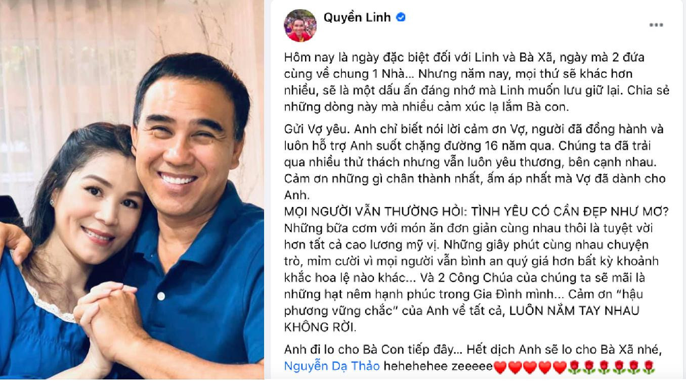 Tâm thư xúc động MC Quyền Linh gửi đến vợ nhân dịp đặc biệt. Tâm thư xúc động MC Quyền Linh gửi đến vợ nhân dịp đặc biệt.