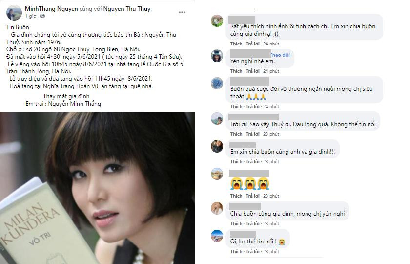 Dưới bài đăng của em trai Hoa hậu Thu Thủy, nhiều khán giả để lại bình luận xót xa, chia buồn cùng gia đình cô.