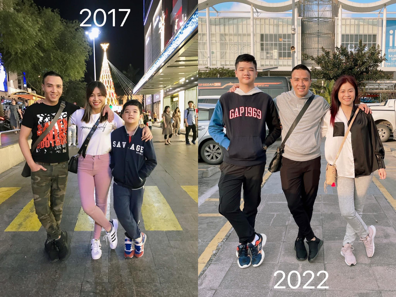 BTV Nguyễn Hoàng Linh đăng ảnh bên chồng và con trai riêng của chồng. Cô so sánh ảnh chụp năm 2017 và năm 2022 cùng lời chia sẻ: "Như nào mà mình lại bị “ra rìa”, còn bạn lại vào vị trí chính giữa thế kia hả Trần Mạnh Hùng?".