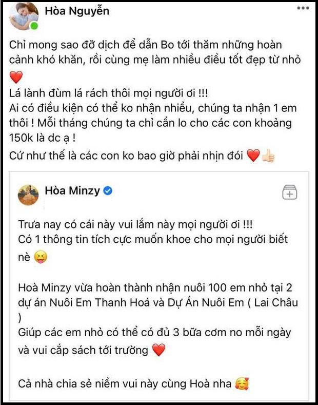 Hoà Minzy vui mừng thông báo vừa hoàn thành dự án nhận nuôi 100 em nhỏ tại Thanh Hóa và Lai Châu. Hoà Minzy vui mừng thông báo vừa hoàn thành dự án nhận nuôi 100 em nhỏ tại Thanh Hóa và Lai Châu.