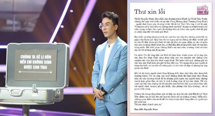 Đạo diễn chương trình xin lỗi sau quan điểm "Chúng ta sẽ ly hôn nếu em không sinh được con trai" của người chơi. Đạo diễn chương trình xin lỗi sau quan điểm "Chúng ta sẽ ly hôn nếu em không sinh được con trai" của người chơi.