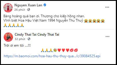 Siêu mẫu Xuân Lan, ca sĩ Cindy Thái Tài cũng đồng loạt gửi lời chia buồn, tiếc thương đến Hoa hậu Thu Thủy.
