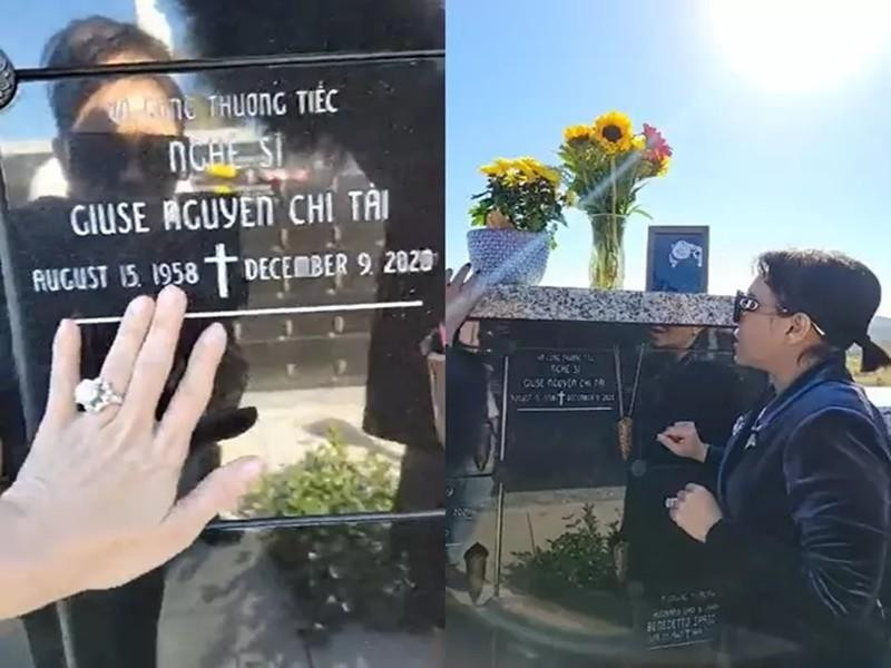 Việt Hương xúc động khi lần đầu ghé thăm nơi an nghỉ của đàn anh tại Mỹ.