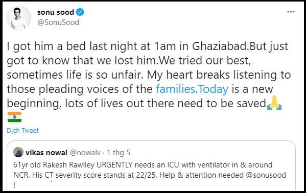Sonu Sood chia sẻ nỗi buồn khi nghe tin 1 bệnh nhân vừa được anh giúp đỡ đã qua đời.