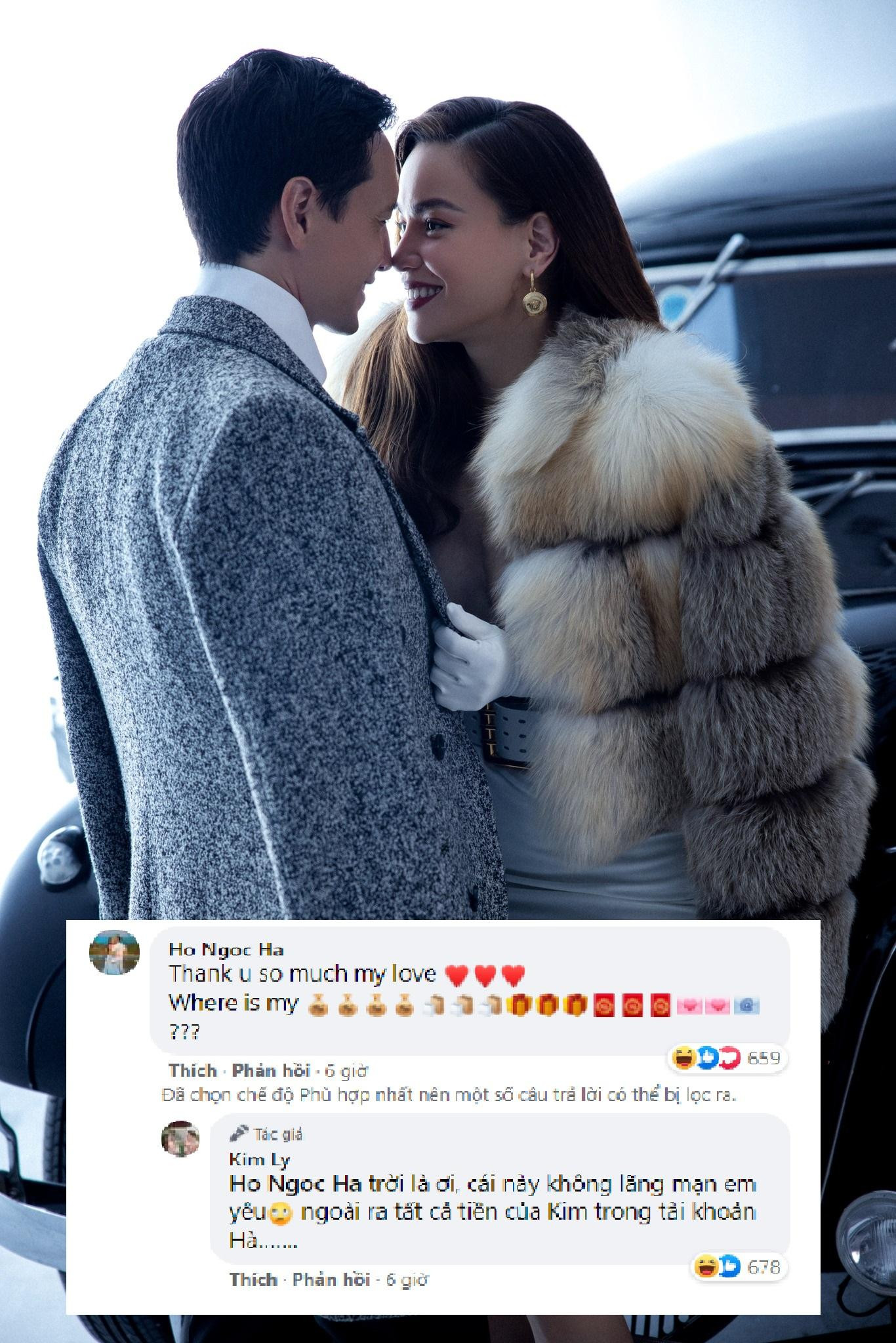 Dưới bài viết, Hồ Ngọc Hà cũng để lại bình luận cảm ơn ông xã. Đồng thời, nữ ca sĩ không quên trêu chọc Kim Lý và đòi quà mừng sinh nhật cho mình. Ngay lập tức, nam diễn viên “Hương Ga” đáp lại: &quot;Trời là ơi, cái này không lãng mạn em yêu, ngoài ra tất cả tiền của Kim trong tài khoản Hà&quot;. Màn tương tác đáng yêu của cặp đôi nhanh chóng thu hút sự chú ý của đông đảo cộng đồng mạng.