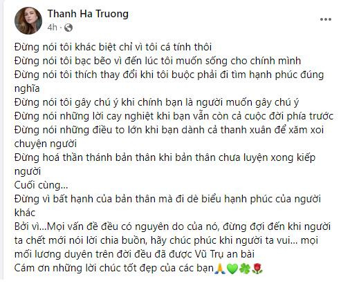 Chia sẻ dài của Thanh Hà trên trang cá nhân.