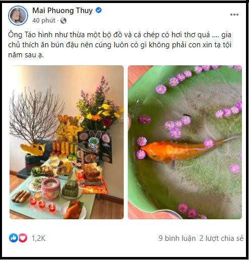 Trên trang cá nhân vào đúng ngày 23 tháng Chạp, hoa hậu Mai Phương Thúy cũng đăng ảnh cúng ông Công ông Táo.