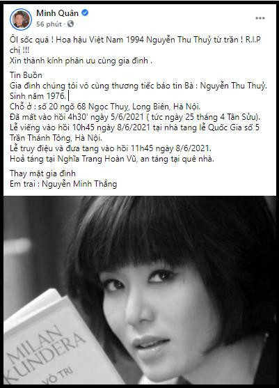 Nam ca sĩ Minh Quân cũng đồng thời gửi lời chia buồn đến gia đình của Thu Thủy: “ÔI sốc quá! Hoa hậu Việt Nam 1994 Nguyễn Thu Thuỷ từ trần! Xin thành kính phân ưu cùng gia đình&quot;.