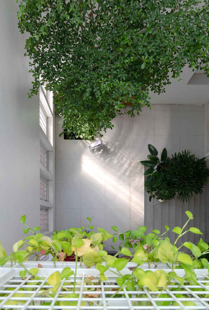 Ở giữa là không gian vùng đệm. Không gian này không chỉ tăng cường vi khí hậu trong nhà mà còn làm mờ ranh giới giữa không gian riêng tư và chung.