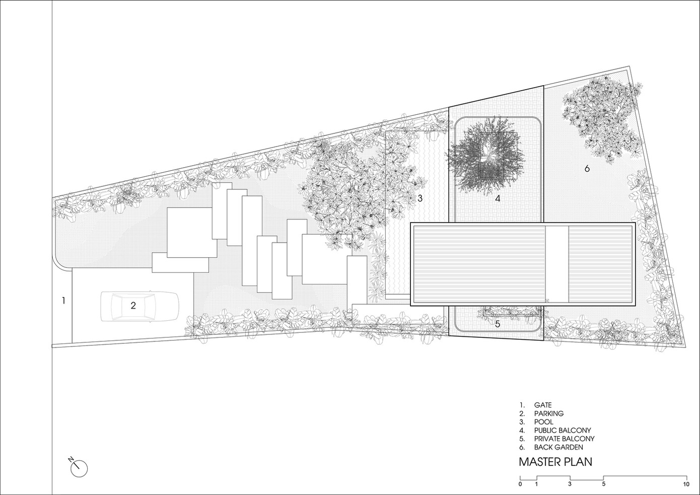 Khu đất xây dựng công trình có tổng diện tích gần 450m2 nhưng KTS chỉ xây dựng ngôi nhà với tổng diện tích sàn là 180m2 (tầng trệt chỉ 80m2). Phần còn lại làm không gian cho cảnh quan, bể bơi và vườn cây.