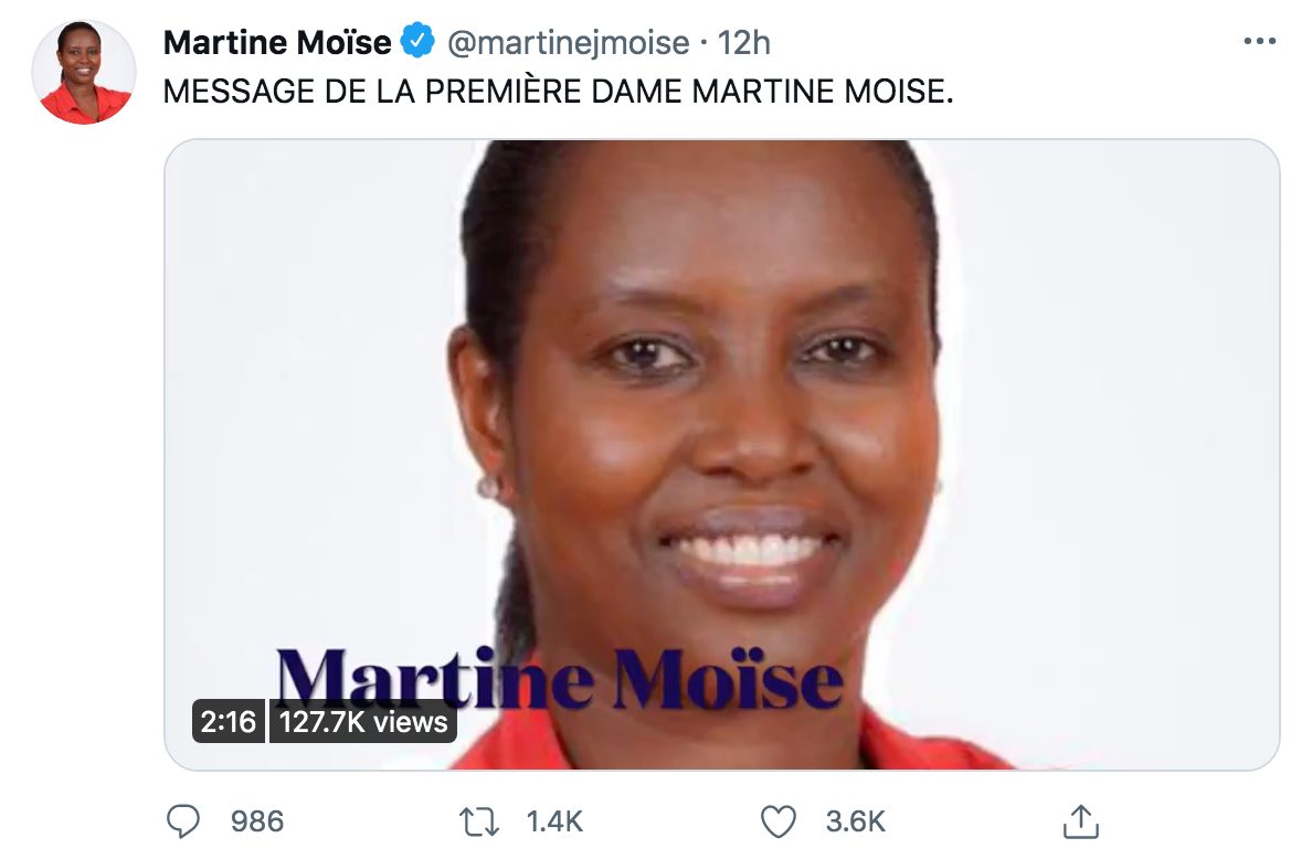 Bài đăng trên trang Twitter của bà Martine Moise. Bài đăng trên trang Twitter của bà Martine Moise.