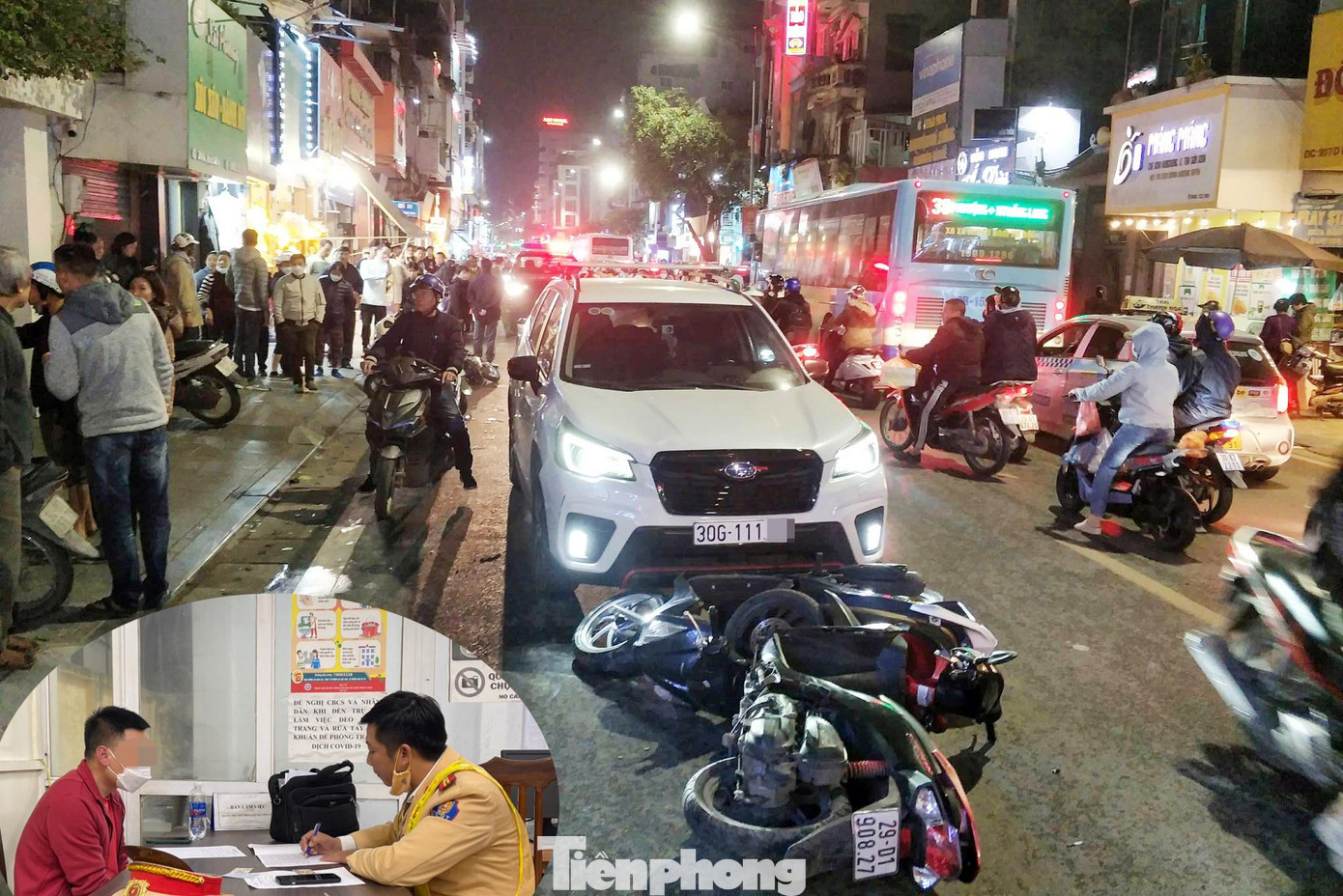 Hiện trường vụ tai nạn và tài xế Đạt làm việc với cơ quan chức năng.