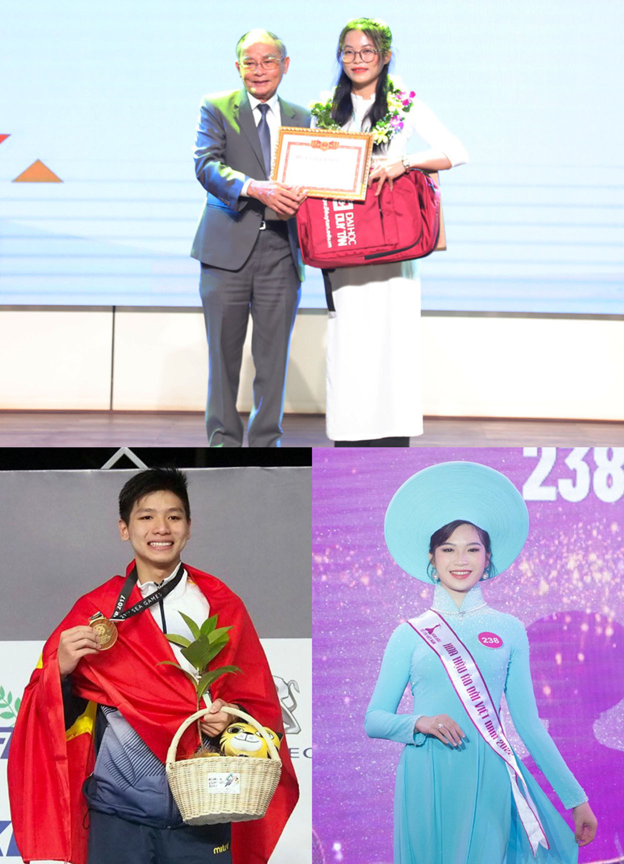 NGƯT. AHLĐ. Lê Công Cơ - Chủ tịch Hội đồng Trường ĐH Duy Tân trao thưởng cho Thủkhoa Đinh Thị Hoài Nhi đạt 29,5/30 điểm (ảnh trên);và kình ngư Nguyễn Hữu Kim Sơn (ảnh dưới bên trái) và Lê Khắc Anna biết 5 ngôn ngữ: Anh, Hàn, Nhật, Thái, Việt