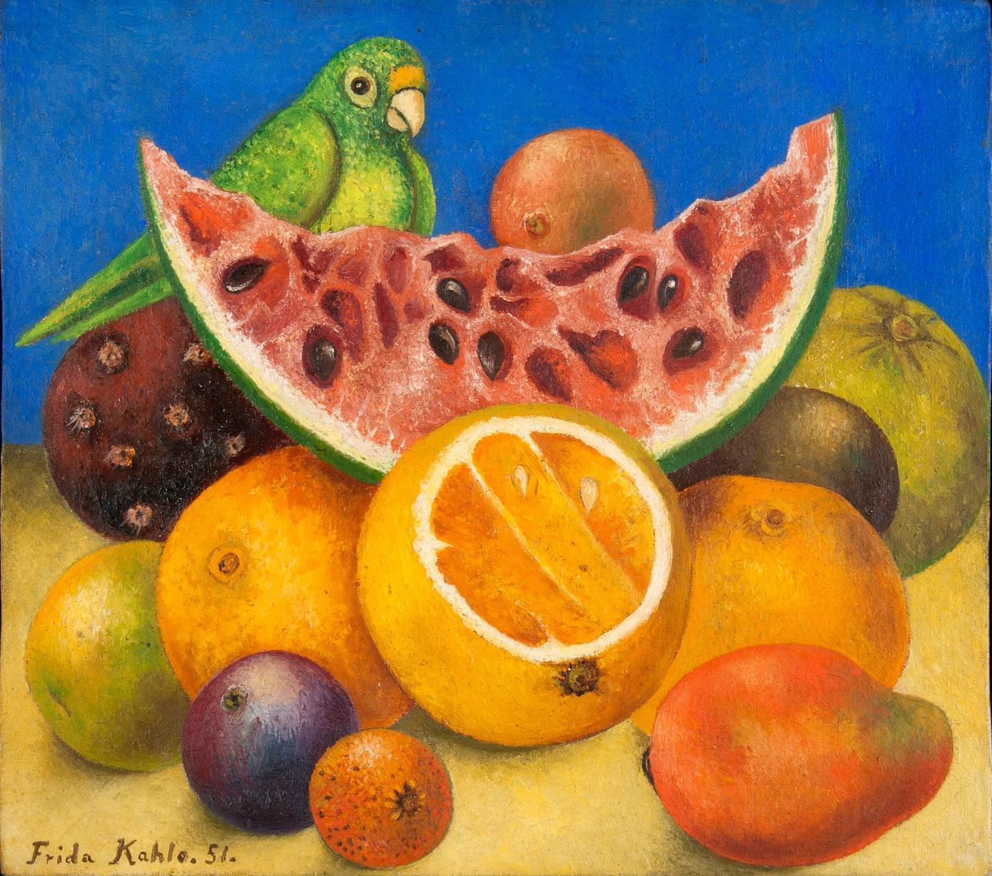 Tác phẩm Không đề – 1951 (Tĩnh vật với vẹt và hoa quả) (Untitled (Still life with parrot and fruit)) của Frida Kahlo
