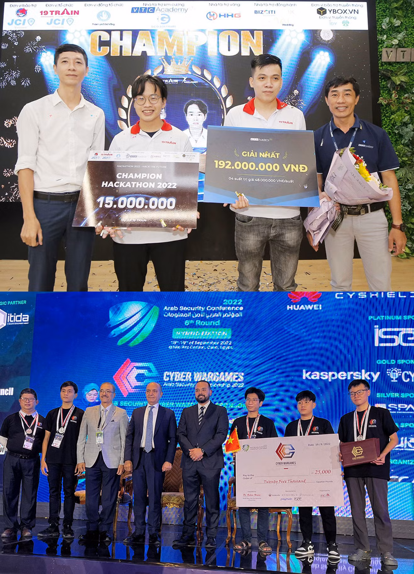 Đội EnerG giành giải nhất Hackathon 2022 (ảnh trên) và đội tuyển ISITDTU nhận giải Nhì tại ARAB Security Cyber Wargames