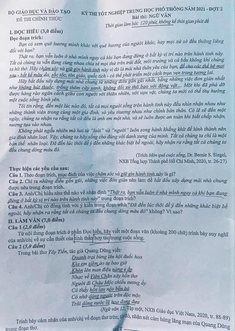Đề thi Văn của kỳ thi tốt nghiệp THPT 2021 đợt 2. Đề thi Văn của kỳ thi tốt nghiệp THPT 2021 đợt 2.