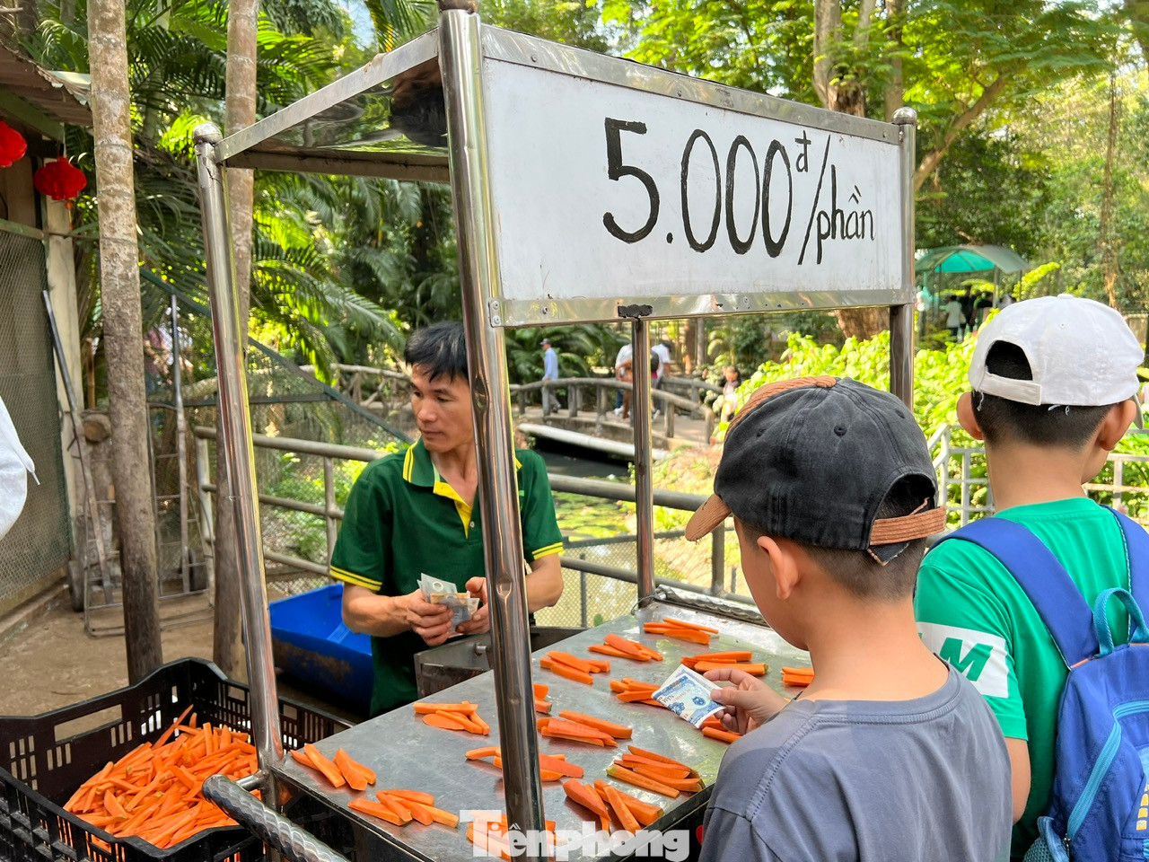 Nhân viên Thảo Cầm Viên Sài Gòn chuẩn bị sẵn đồ ăn như cà rốt, mía, cỏ... để du khách mua cho thú ăn, mỗi phần có giá chỉ 5.000 đồng.