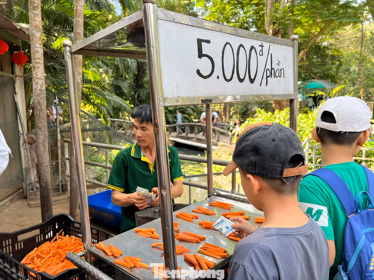 Nhân viên Thảo Cầm Viên Sài Gòn chuẩn bị sẵn đồ ăn như cà rốt, mía, cỏ... để du khách mua cho thú ăn, mỗi phần có giá chỉ 5.000 đồng.