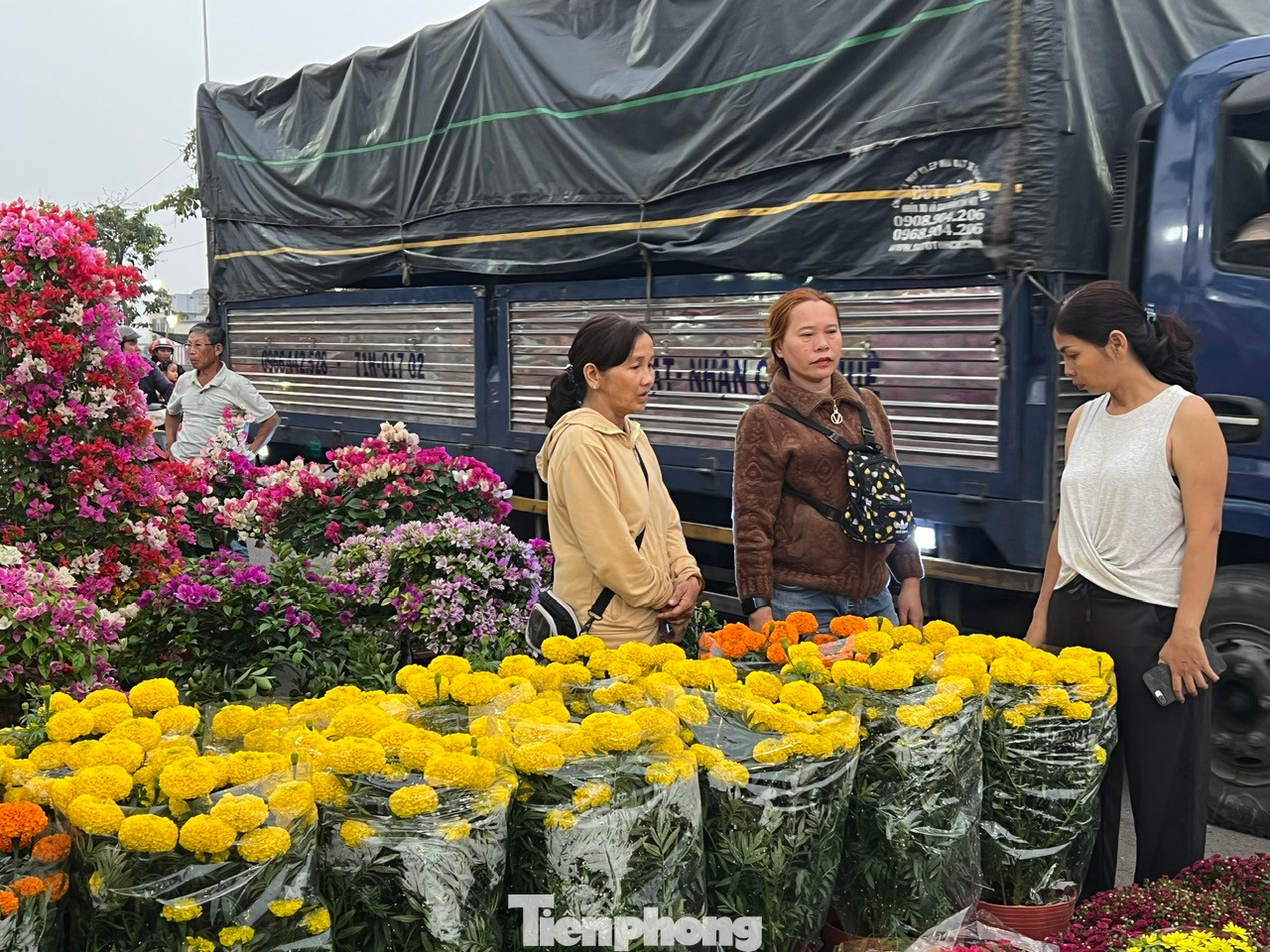 Các nhà vườn liên tục nhập hoa về chợ phục vụ khách mua. Ngay trong ngày đầu mở bán, bà Kim Phượng (ngoài cùng bên trái) đã bán liền chục chậu cho khách hàng. "Tôi bán hoa tự trồng, không qua trung gian nên giá rất mềm. Vì vậy khách đến ủng hộ khá đông. Hy vọng những ngày sắp tới sẽ còn đắt hàng hơn" - bà Phượng kỳ vọng. Các nhà vườn liên tục nhập hoa về chợ phục vụ khách mua. Ngay trong ngày đầu mở bán, bà Kim Phượng (ngoài cùng bên trái) đã bán liền chục chậu cho khách hàng. "Tôi bán hoa tự trồng, không qua trung gian nên giá rất mềm. Vì vậy khách đến ủng hộ khá đông. Hy vọng những ngày sắp tới sẽ còn đắt hàng hơn" - bà Phượng kỳ vọng.