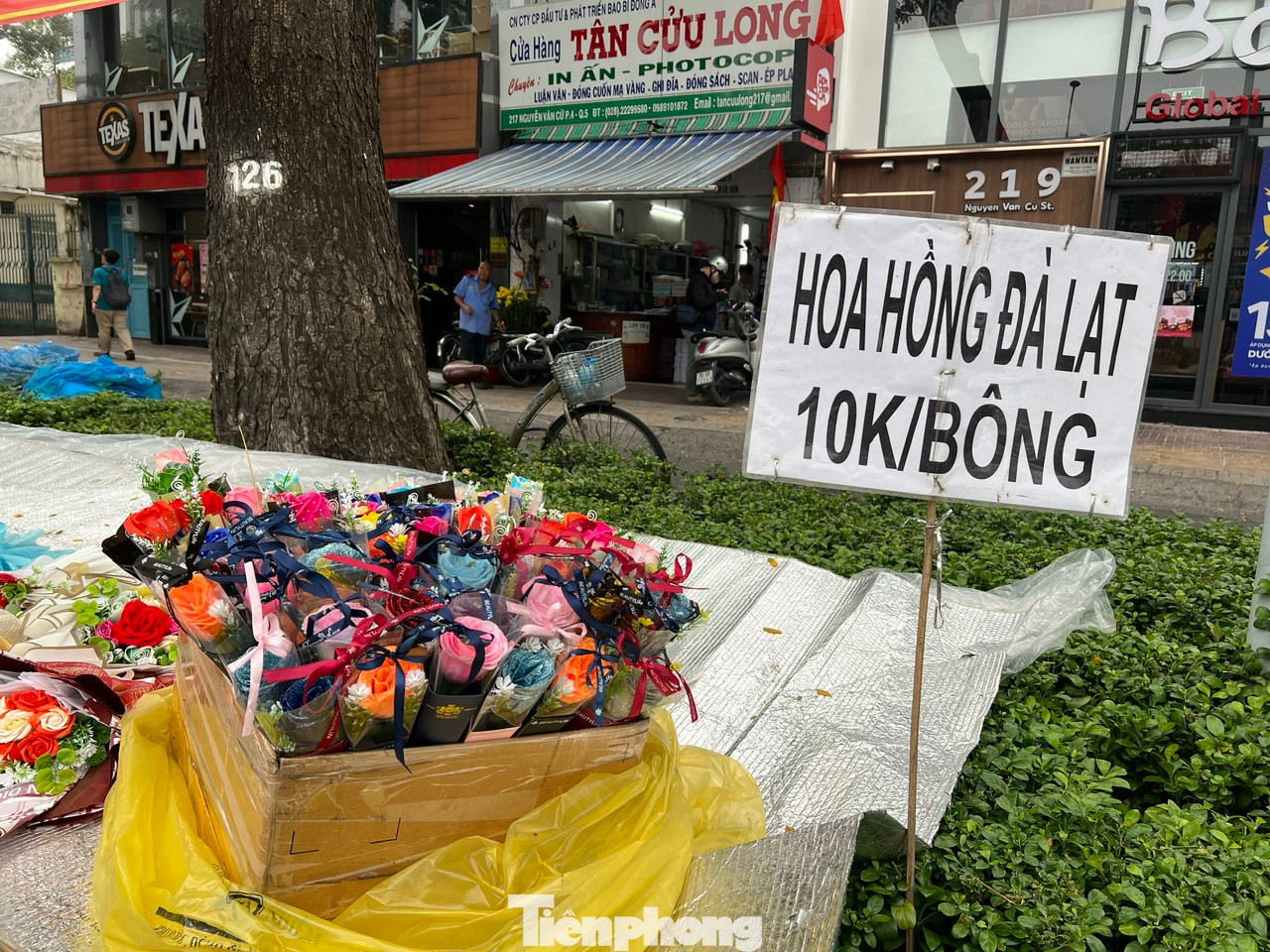 Hoa hồng Đà Lạt chỉ 10.000 đồng/bông. "Mặc dù hôm nay đúng ngày 14/2 nhưng giá hoa không tăng, thậm chí còn giảm ngay từ đầu ngày để hút khách mua" - chị Lan (bán tươi ở góc đường Nguyễn Văn Cừ, quận 5) cho biết.