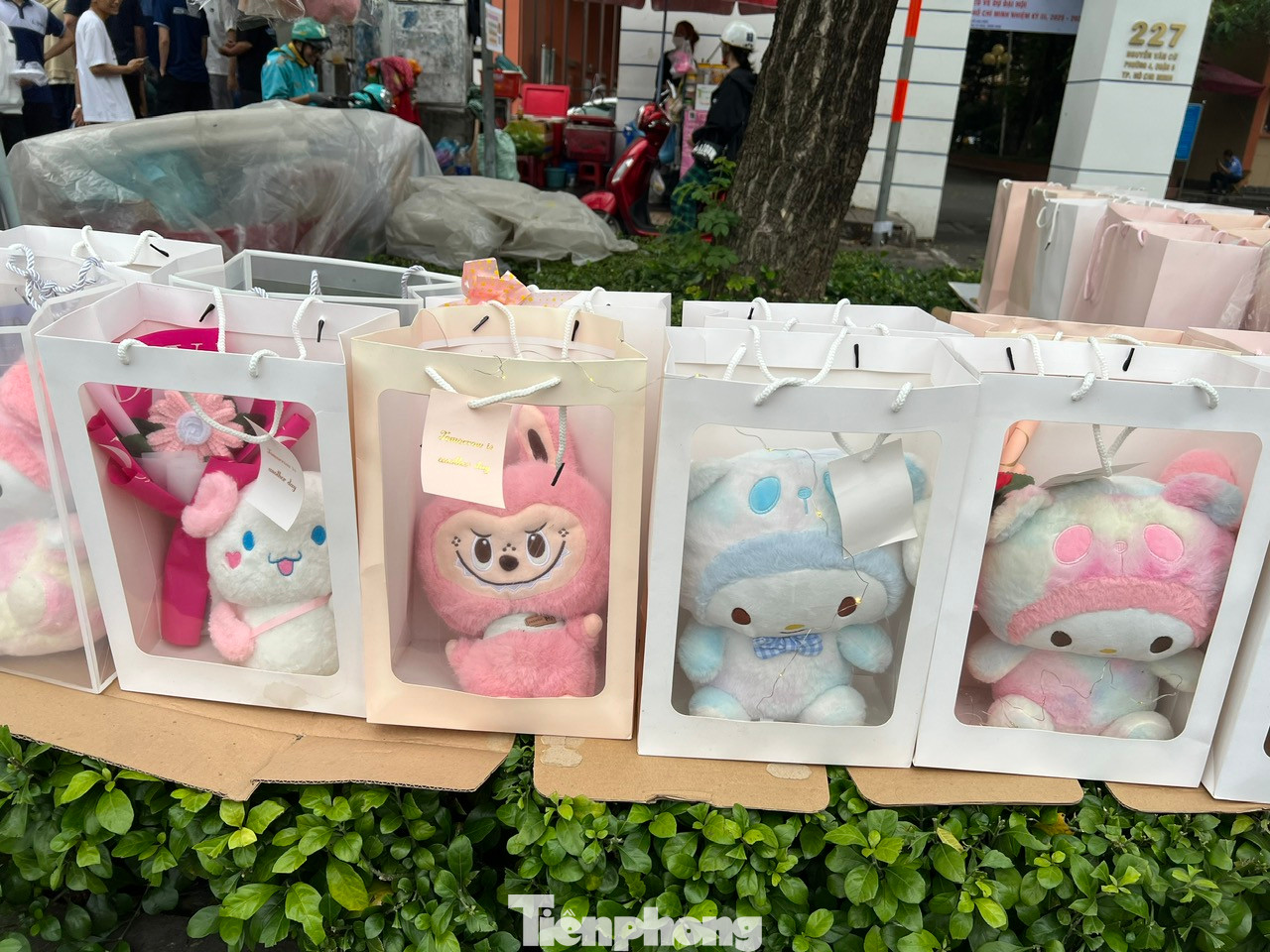 Thú bông hot trend hiện nay như Labubu, thỏ hồng kết hợp với hoa xuất hiện nhiều ở những nơi kinh doanh quà tặng.