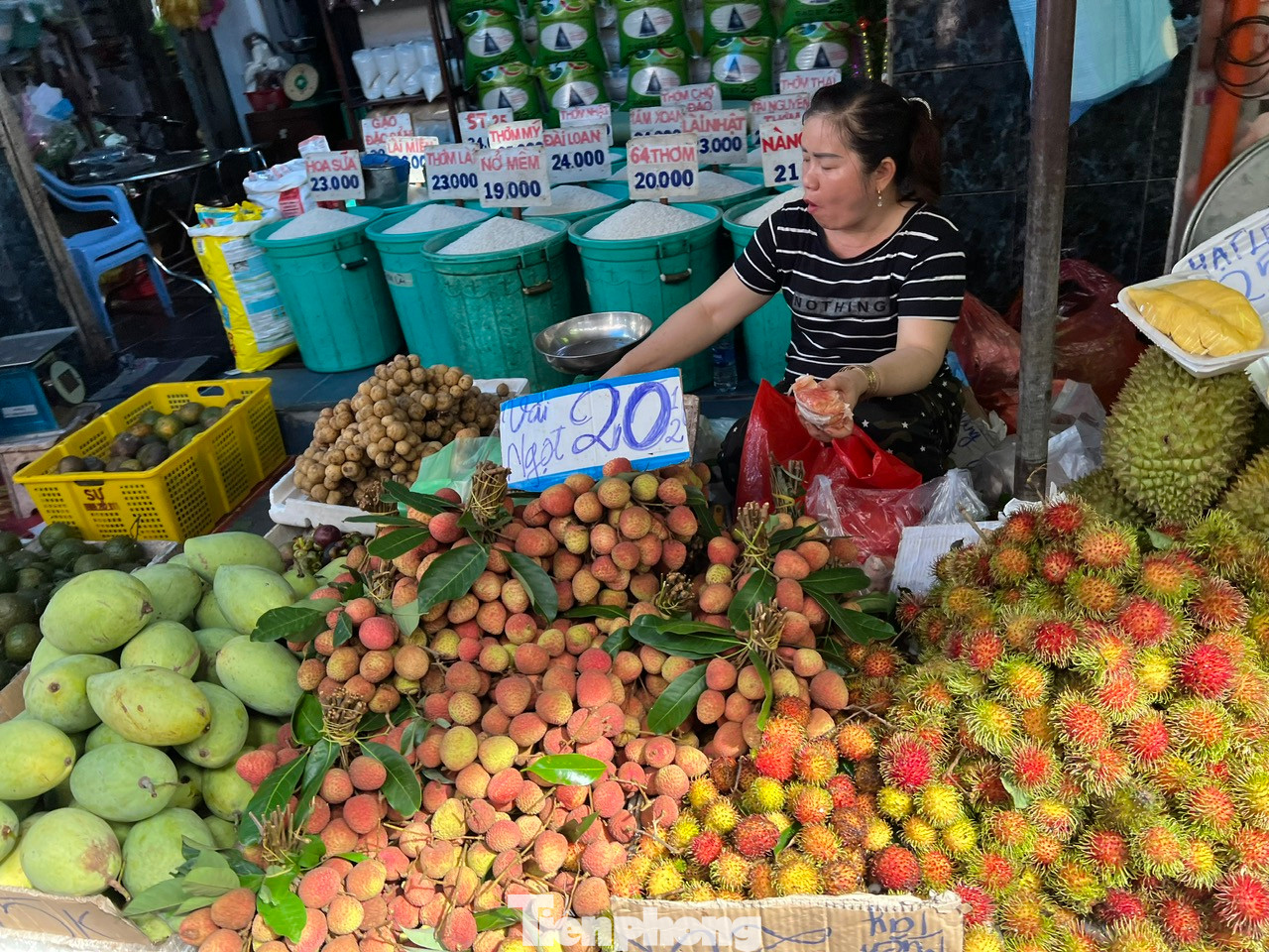 Hầu như sạp hàng nào cũng bày bán những quả vải chín mọng, căng tròn