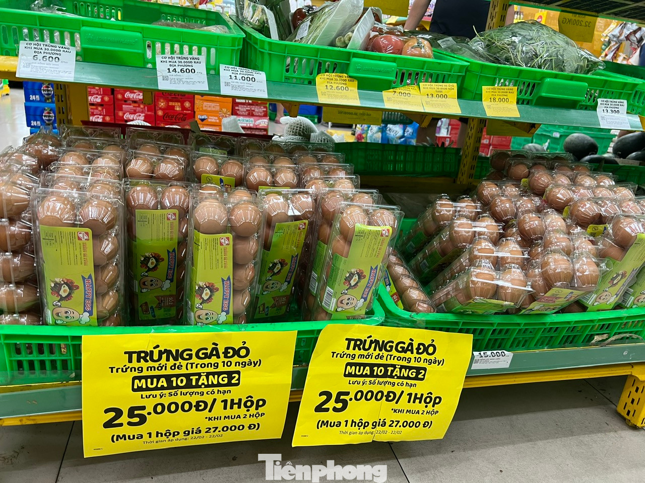 Trứng gà giảm giá mạnh, chỉ còn 19.000 đồng/hộp. Trong khi đó trứng gà đỏ (mới đẻ trong vòng 10 ngày) có giá 25.000 đồng/hộp, mua 10 tặng 2
