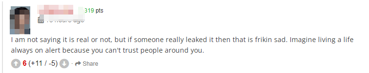 &quot;Tôi không đề cập đến bức ảnh đó là thật hay giả, nhưng nếu ai đó thực sự làm lộ nó ra thì đó là điều tệ hại. Tưởng tượng mà xem khi mà bạn luôn phải dè chừng mọi lúc vì không thể tin tưởng ai quanh mình&quot;, một cư dân mạng để lại bình luận.