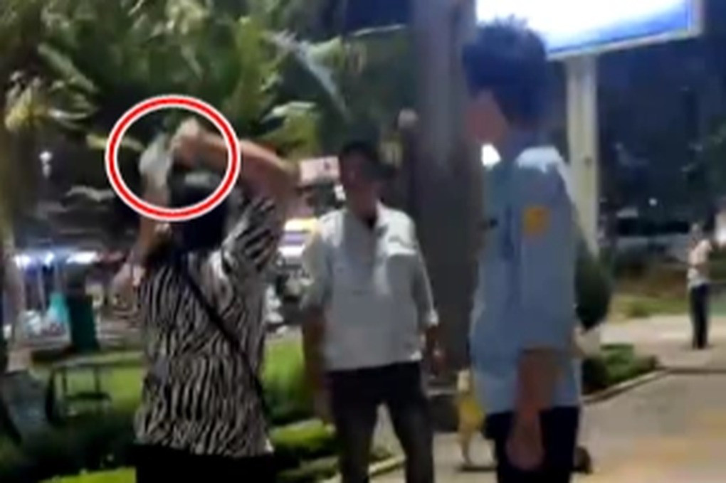 Người phụ nữ vung dao vào nhân viên trật tự đô thị. Ảnh cắt từ clip.