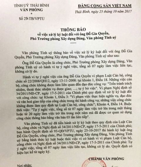 Bắt nguyên cán bộ Văn phòng Tỉnh ủy Thái Bình ảnh 1