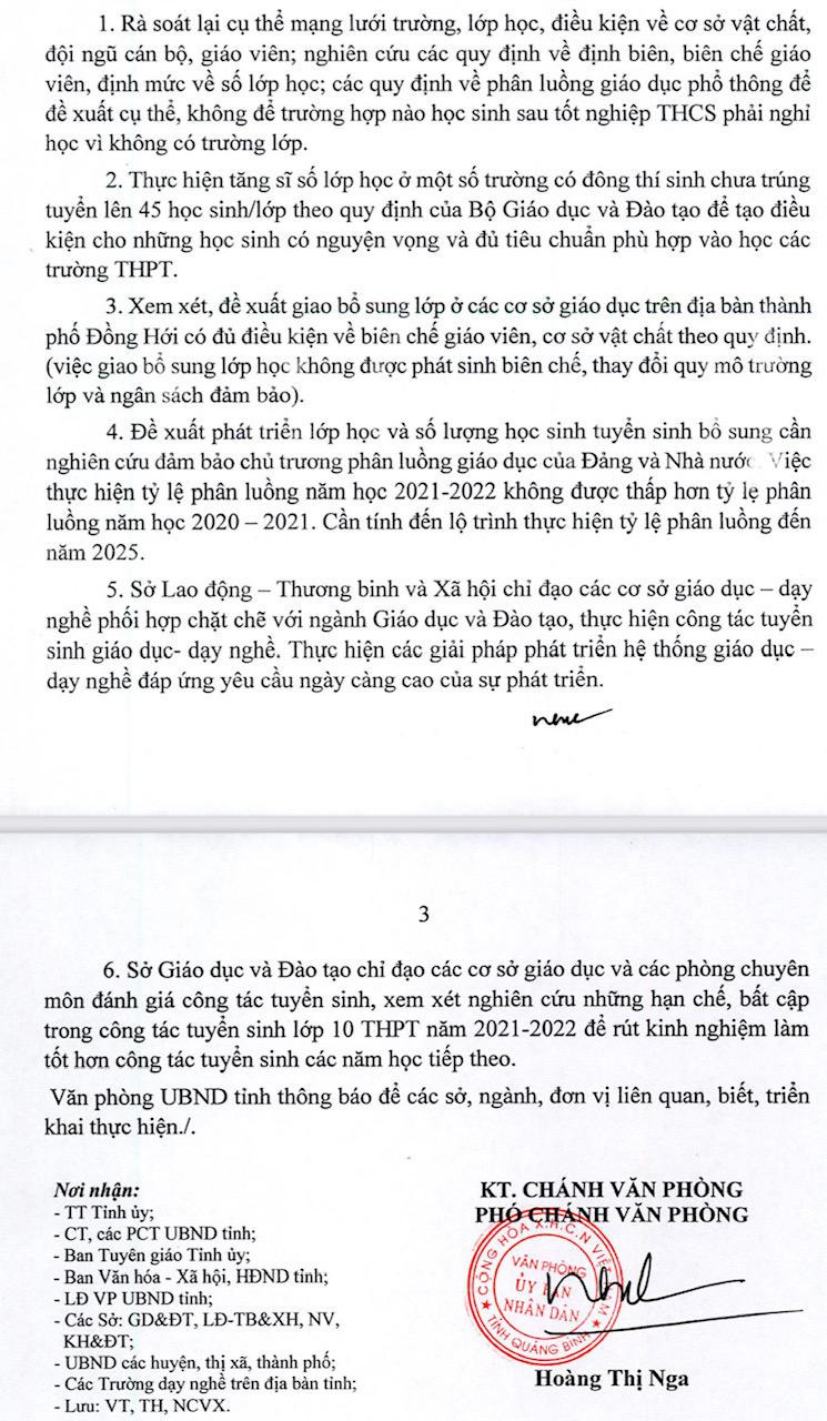 Văn bản thông báo kết luận của UBND tỉnh Quảng Bình về việc giải quyết bất cập từ ký thì tuyển sinh lớp 10 THPT năm học 2021 - 2022