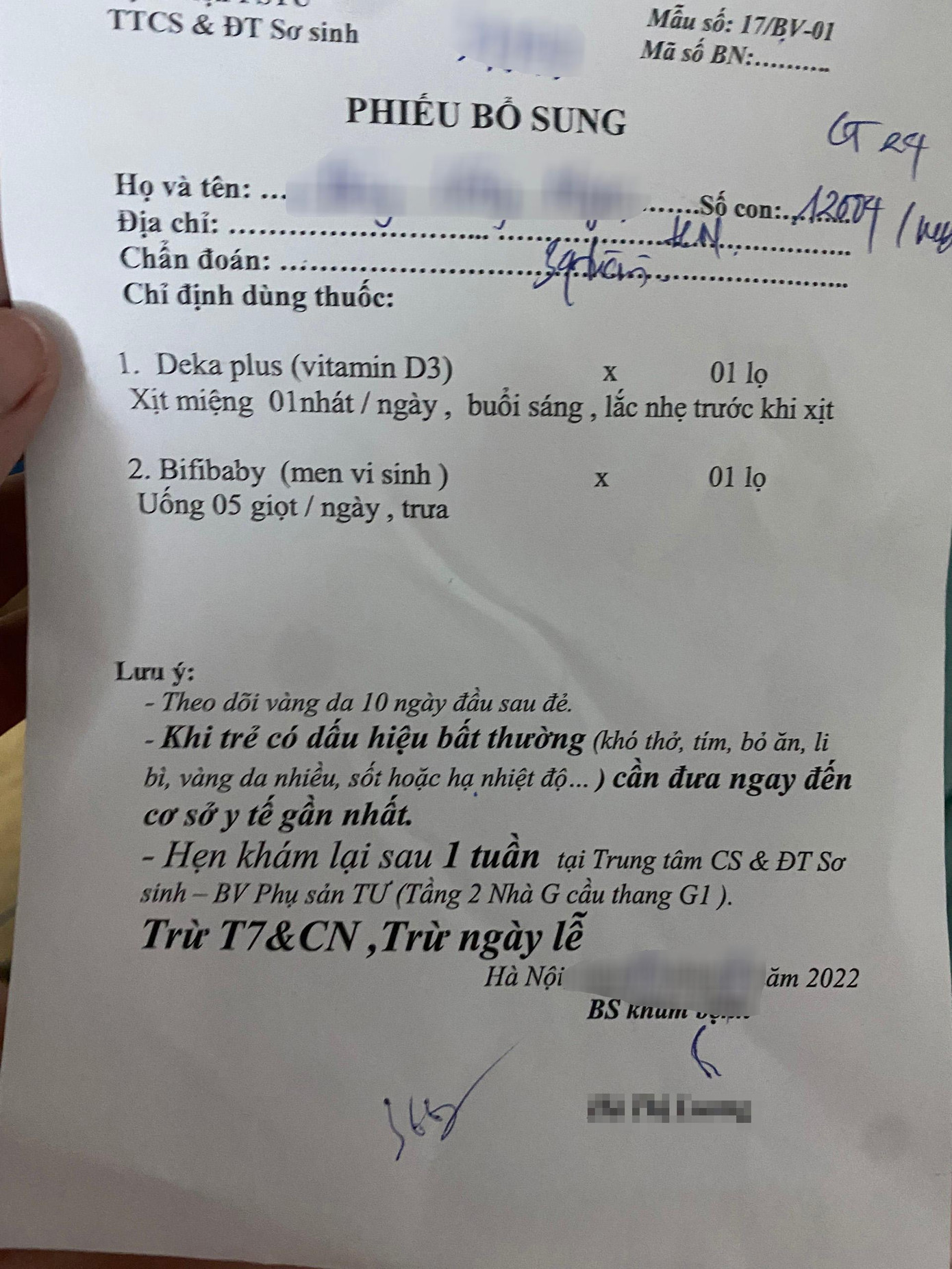 Phiếu bổ sung kèm đơn thuốc của BV Phụ sản TW