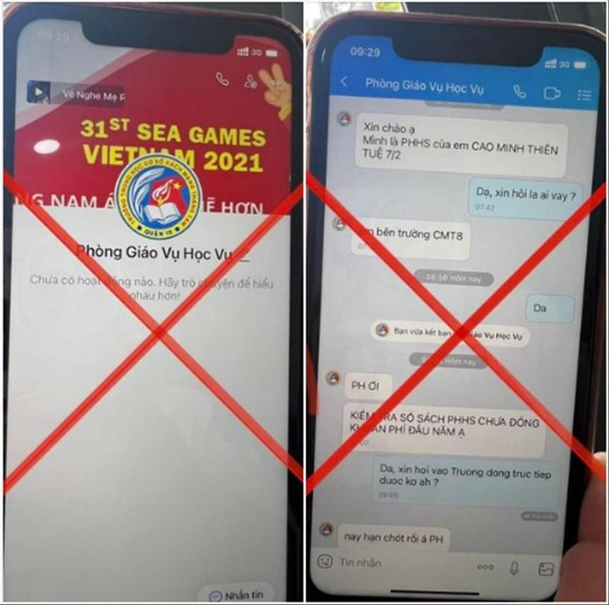 Tài khoản giả mạo bộ phận học vụ của nhà trường gửi tin nhắn cho phụ huynh. Ảnh: NTCC Tài khoản giả mạo bộ phận học vụ của nhà trường gửi tin nhắn cho phụ huynh. Ảnh: NTCC