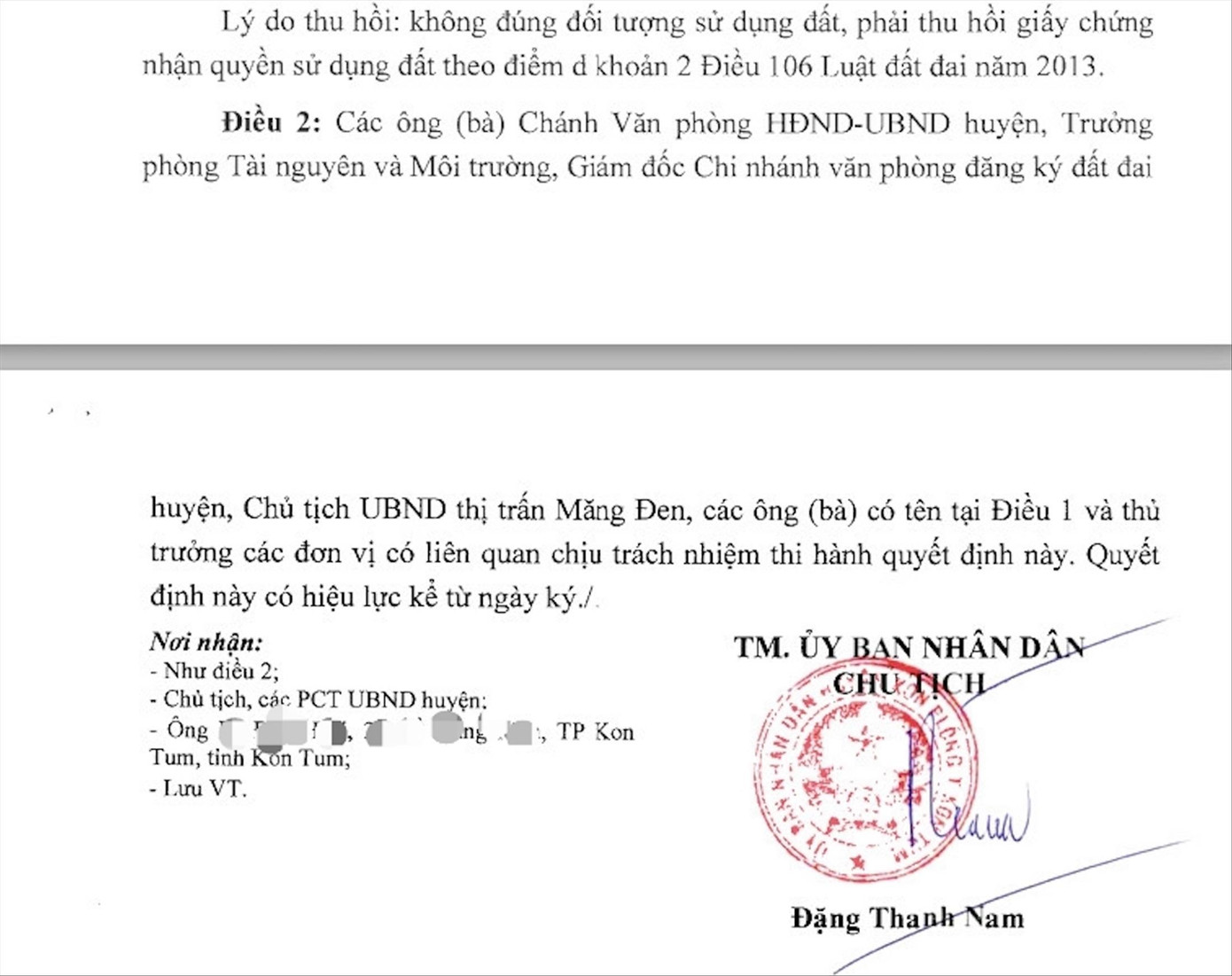 Sau khi bị phát hiện sai phạm, ông Đặng Thanh Nam ký quyết định thu hồi lô biệt thự đã cấp cho ông Lê Đình Đại Sau khi bị phát hiện sai phạm, ông Đặng Thanh Nam ký quyết định thu hồi lô biệt thự đã cấp cho ông Lê Đình Đại