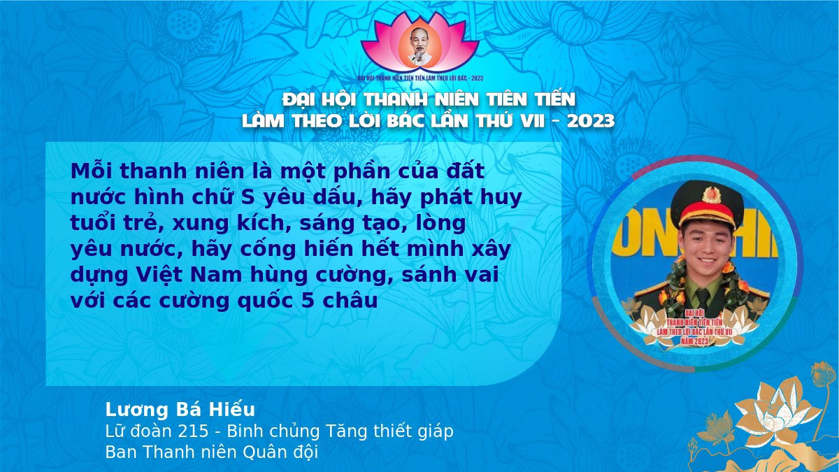 Trung úy Lương Bá Hiếu gửi thông điệp tới Đại hội thanh niên tiên tiến làm theo lời Bác toàn quốc lần thứ VII, năm 2023