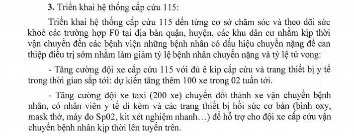 Nội dung công văn đề nghị chuyển đổi taxi thành xe vận chuyển bệnh nhân F0 tại TP HCM của Sở Y tế TP HCM