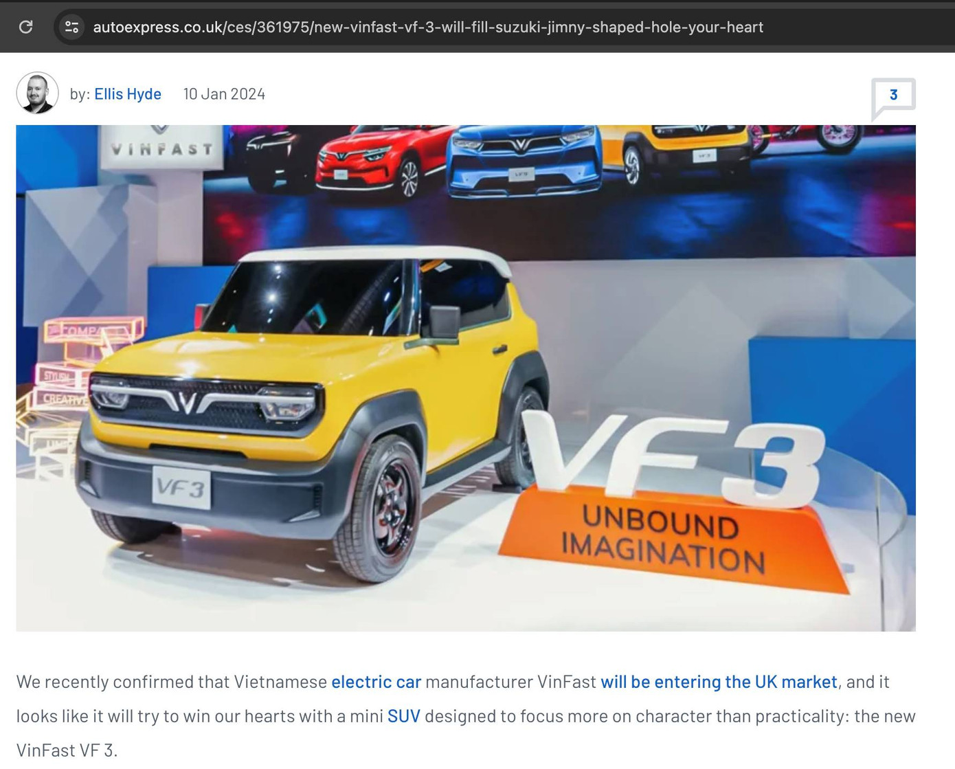 Hình ảnh VF 3 tràn ngập trên các tờ báo lớn của thế giới. Với sự xuất hiện của mẫu minicar, VinFast theo đánh giá sẽ mang tới lựa chọn tuyệt vời cho những người muốn sử dụng xe điện Hình ảnh VF 3 tràn ngập trên các tờ báo lớn của thế giới. Với sự xuất hiện của mẫu minicar, VinFast theo đánh giá sẽ mang tới lựa chọn tuyệt vời cho những người muốn sử dụng xe điện
