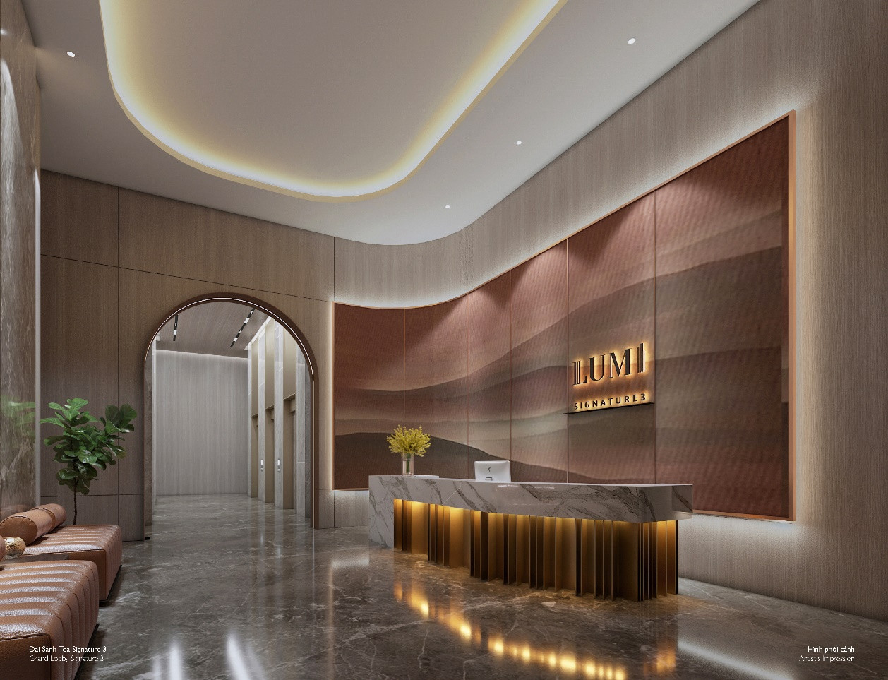 Bước chân vào sảnh tòa nhà, cư dân được đắm chìm trong không gian bình yên của gam màu trầm ấm lấy cảm hứng từ ánh hoàng hôn trong buổi chiều tà. (Ảnh phối cảnh) Bước chân vào sảnh tòa nhà, cư dân được đắm chìm trong không gian bình yên của gam màu trầm ấm lấy cảm hứng từ ánh hoàng hôn trong buổi chiều tà. (Ảnh phối cảnh)