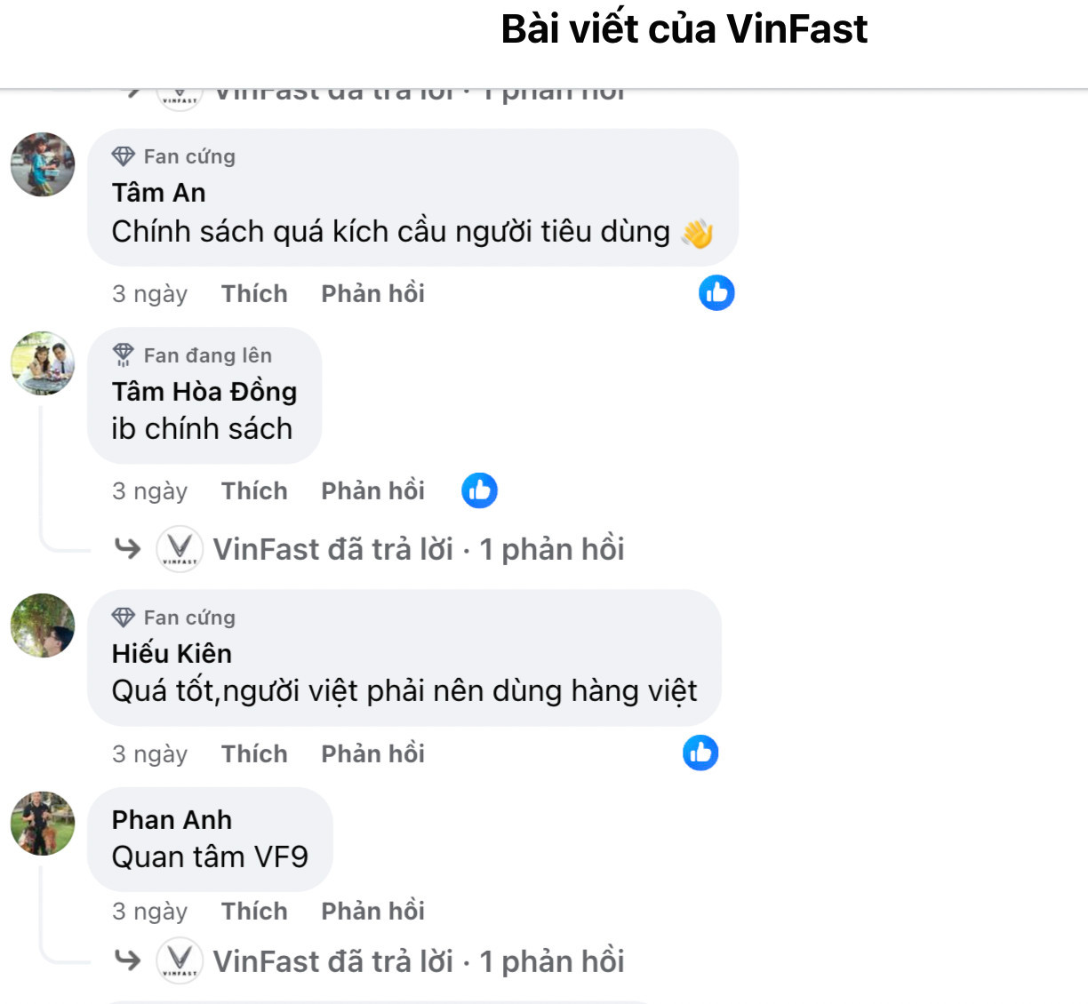 Hàng loạt bình luận trên fanpage của VinFast cho thấy sự quan tâm và hài lòng của người dùng với chính sách mới của hãng xe Việt Hàng loạt bình luận trên fanpage của VinFast cho thấy sự quan tâm và hài lòng của người dùng với chính sách mới của hãng xe Việt