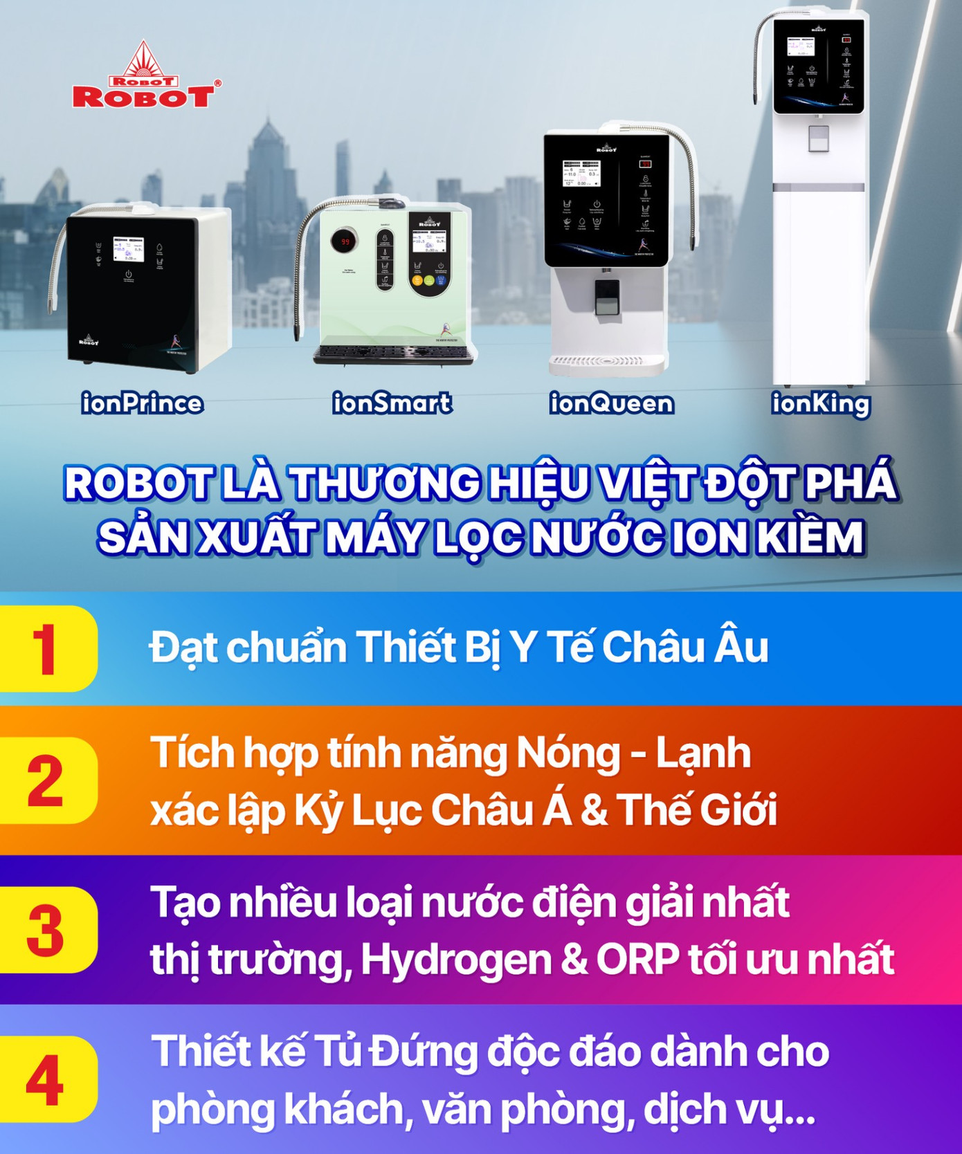 Máy lọc nước điện giải ion kiềm ROBOT đáp ứng đầy đủ các tiêu chí về Chất lượng – Công nghệ - Giá thành – Dịch vụ