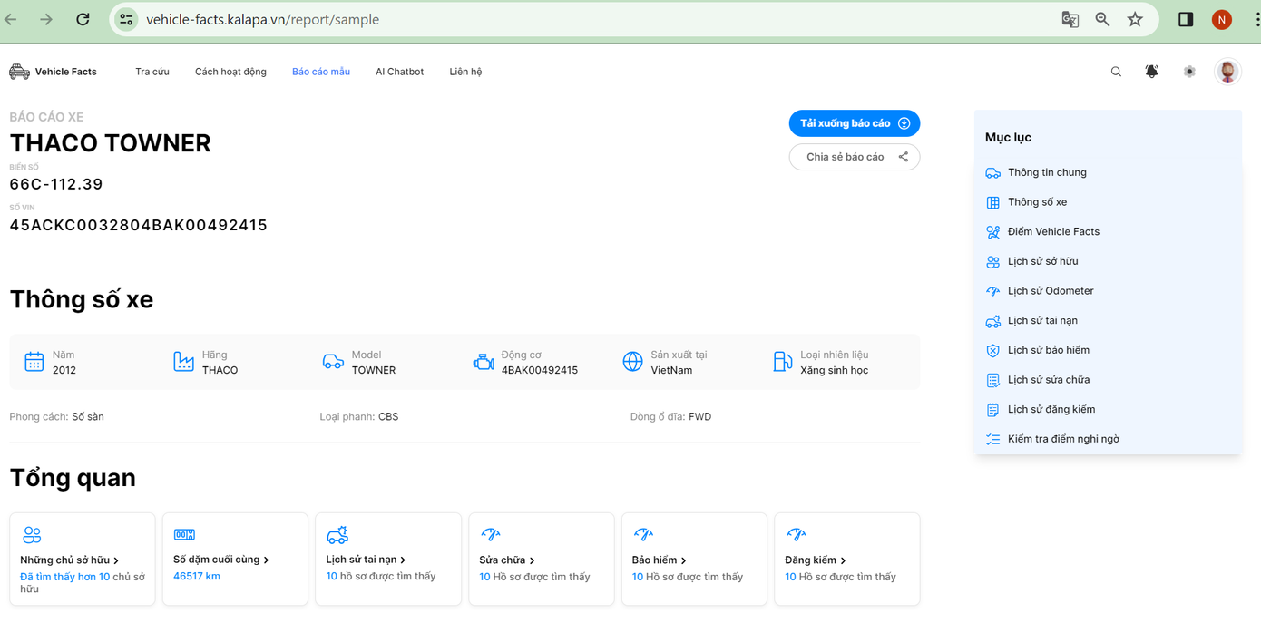 Hình ảnh giả định - một mẫu báo cáo khi truy vấn thông tin về một chiếc xe ô tô đã qua sử dụng trên Vehicle Facts