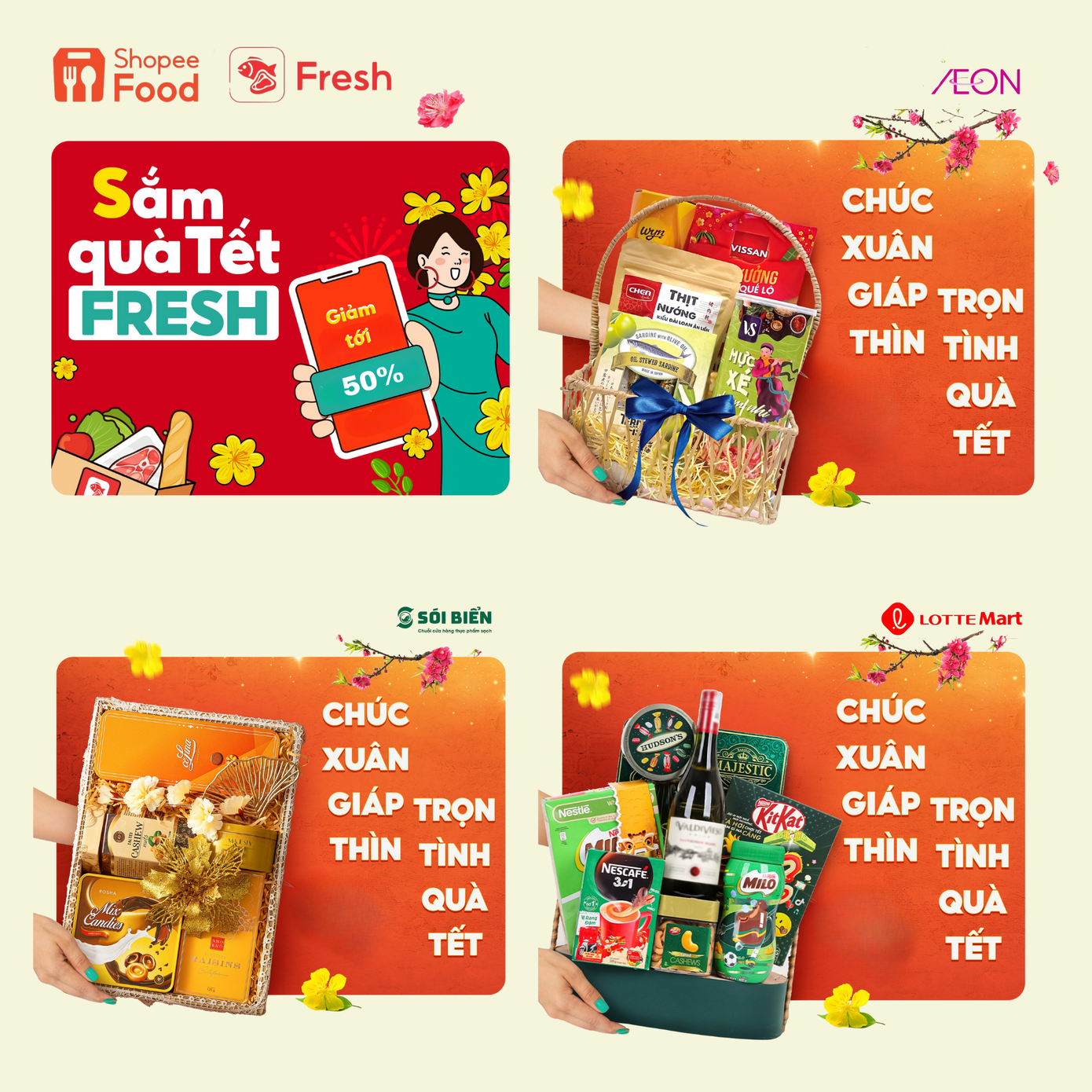 Công cuộc săn tìm quà Tết vừa “hợp nhãn” lại vừa hợp túi tiền cũng không còn khó khăn với hàng loạt gợi ý giảm đến 50% từ AEON, Sói Biển, Lotte Mart, Co.op Mart, Morning Fruit, G-Kitchen… Công cuộc săn tìm quà Tết vừa “hợp nhãn” lại vừa hợp túi tiền cũng không còn khó khăn với hàng loạt gợi ý giảm đến 50% từ AEON, Sói Biển, Lotte Mart, Co.op Mart, Morning Fruit, G-Kitchen…