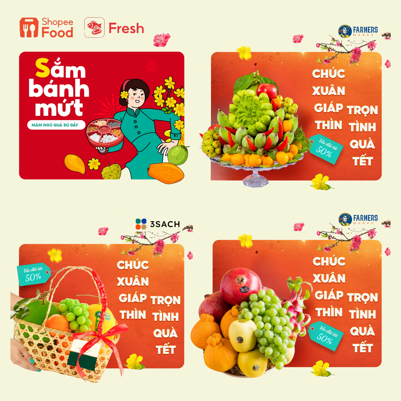 Từ nay đến hết ngày 10.2, người dùng có thể tận hưởng ưu đãi giảm đến 50% khi mua mâm ngũ quả của các thương hiệu như Farmer’s Market, 3Sach Market… từ ShopeeFood. Từ nay đến hết ngày 10.2, người dùng có thể tận hưởng ưu đãi giảm đến 50% khi mua mâm ngũ quả của các thương hiệu như Farmer’s Market, 3Sach Market… từ ShopeeFood.