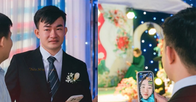 Chú rể bật khóc trong đám cưới vắng cô dâu. Ảnh cắt từ clip của Đinh Thùy Dương Chú rể bật khóc trong đám cưới vắng cô dâu. Ảnh cắt từ clip của Đinh Thùy Dương